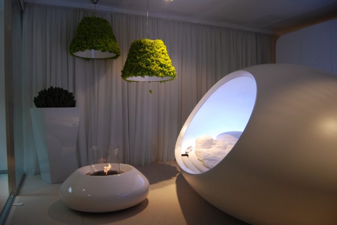Floor bio-fireplace in the bedroom