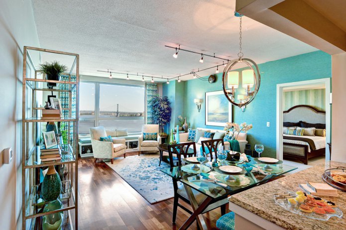 living room in turquoise tones