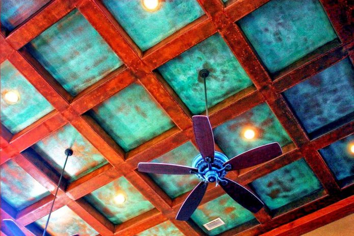 turquoise ceiling with beams