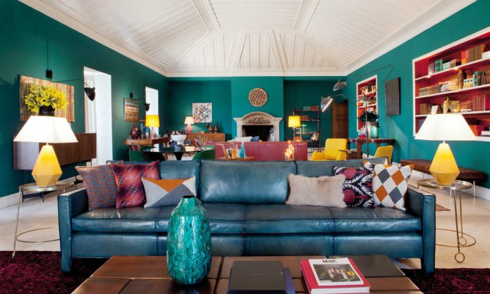 living room with a mansard roof in turquoise tones
