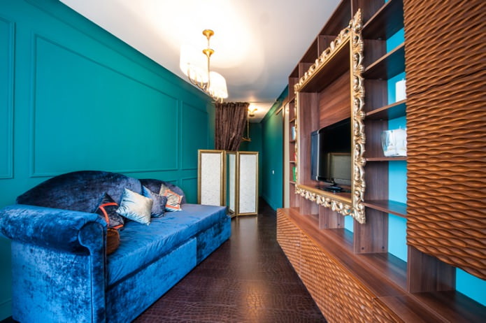 one of the walls is painted turquoise