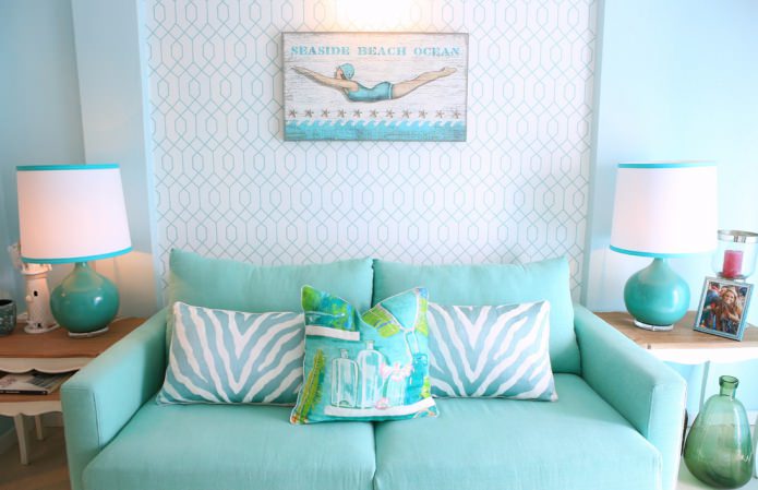 turquoise and white living room in a marine style