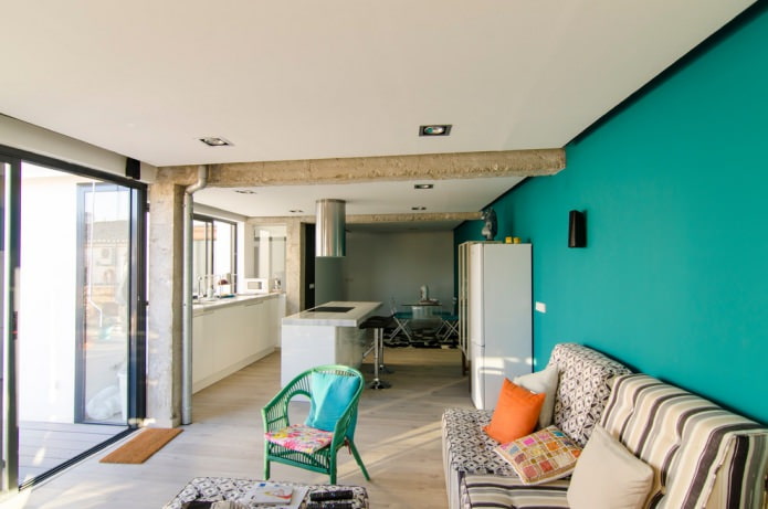turquoise wall in a loft-style room
