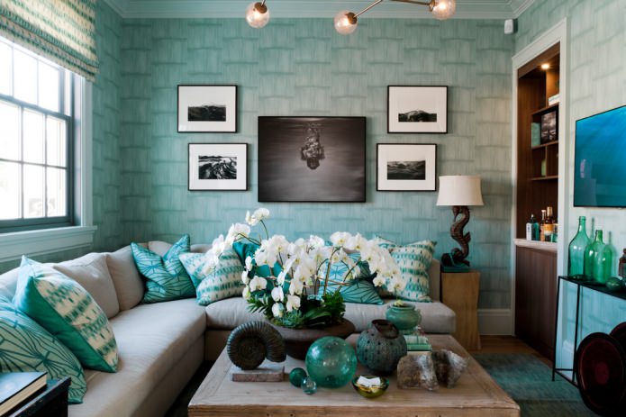 cozy tiffany-colored living room
