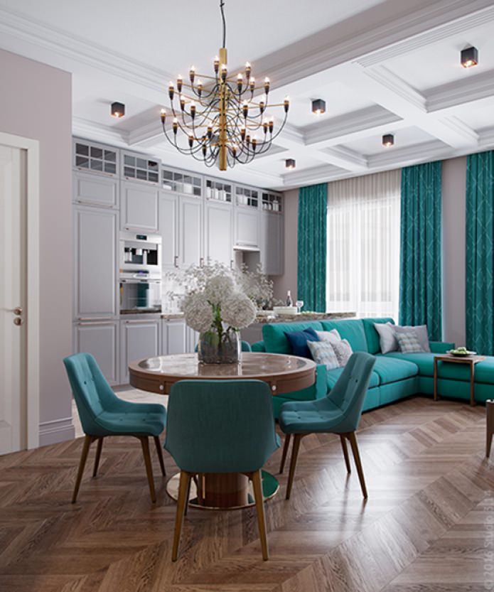 kitchen-living room in beige and turquoise tones