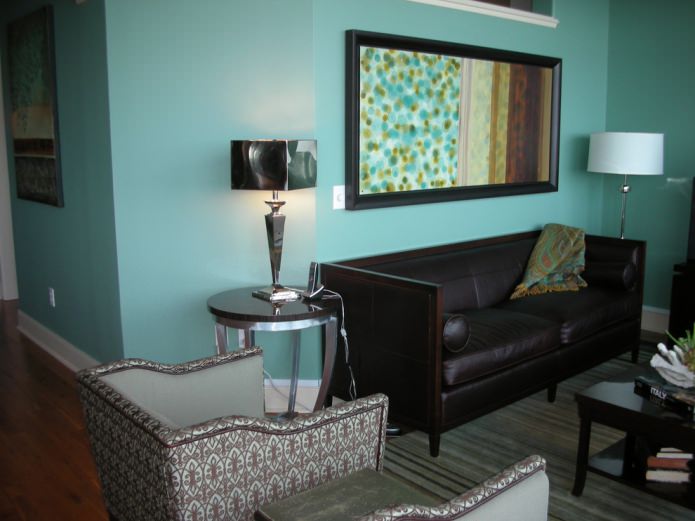 Turquoise and brown living room