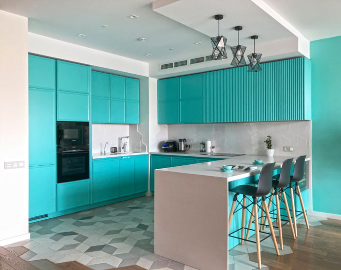 kitchen interior in white and turquoise tones