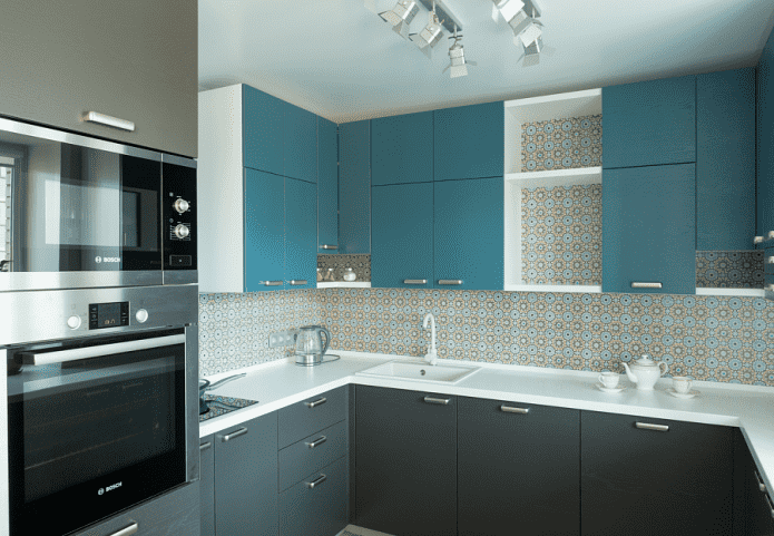 kitchen design in gray-turquoise tones