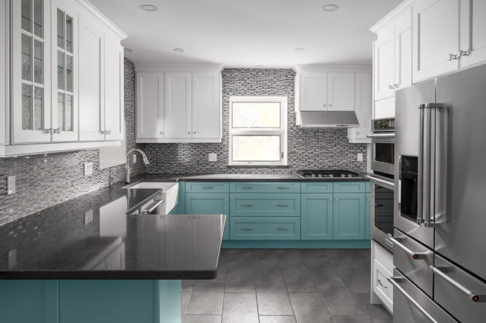 kitchen design in gray and turquoise tones