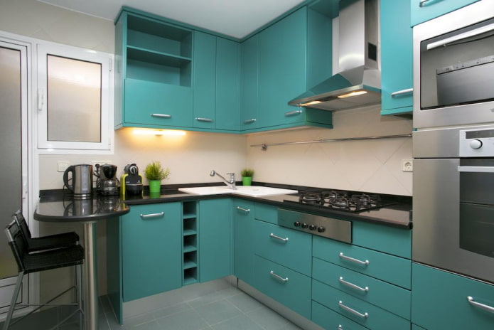 kitchen design in gray and turquoise tones