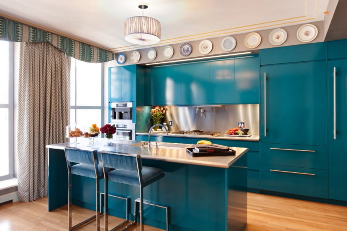 curtains in the interior of the kitchen turquoise