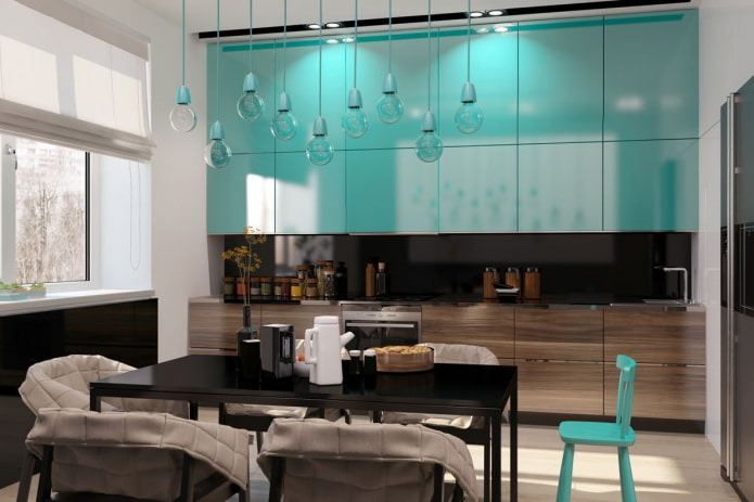 kitchen interior in turquoise and brown tones