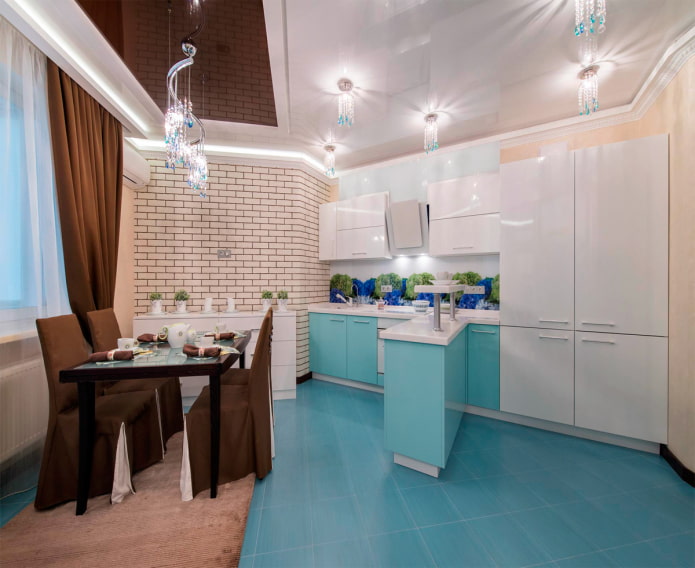ceiling in a kitchen interior in turquoise tones
