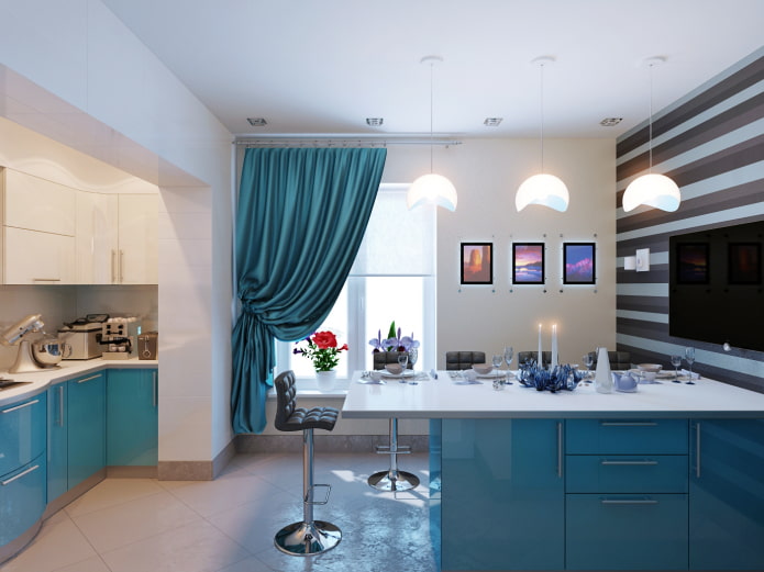 curtains in the interior of the kitchen turquoise