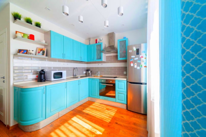 floor in the kitchen interior in turquoise