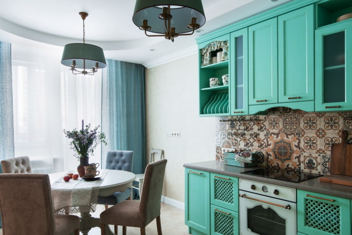 furniture and appliances in a turquoise kitchen