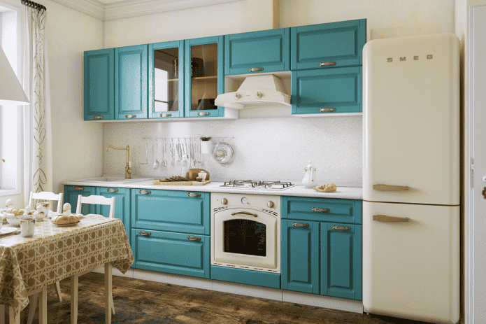 furniture and appliances in a turquoise kitchen