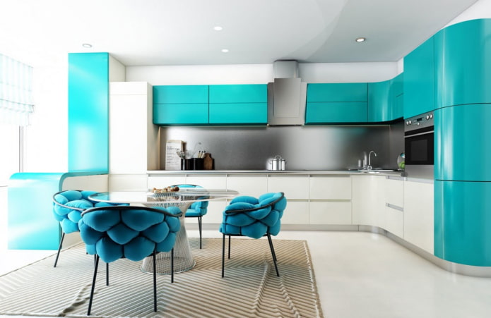 furniture and appliances in a turquoise kitchen