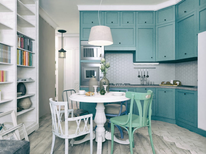 furniture and appliances in the kitchen in turquoise