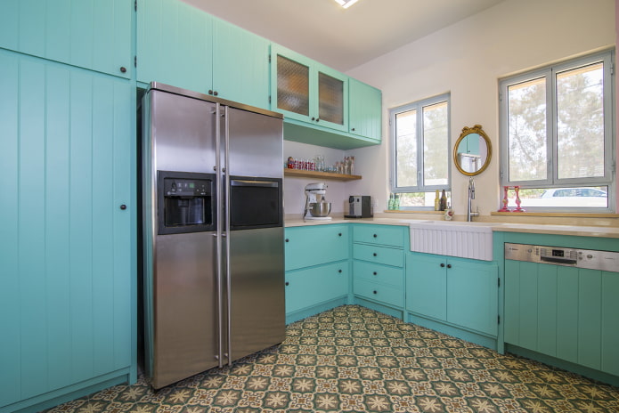 floor in the kitchen interior in turquoise