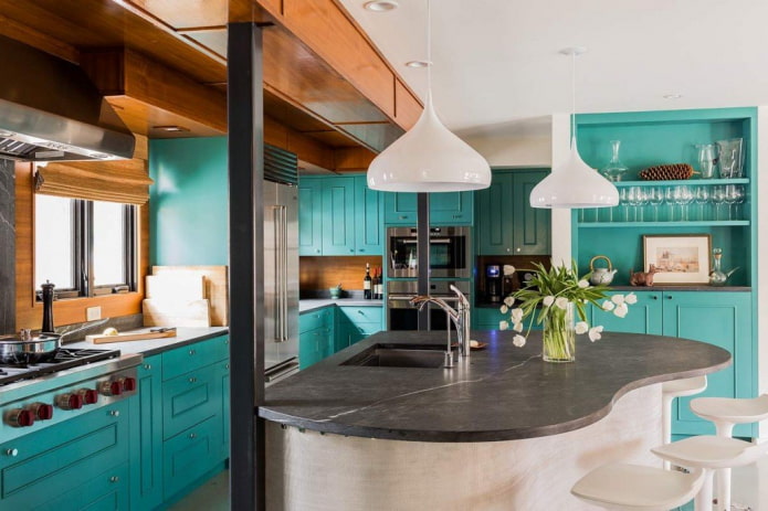 countertop in the kitchen interior in turquoise color