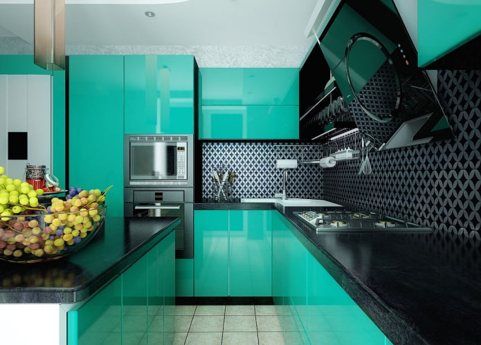 turquoise kitchen in high-tech style