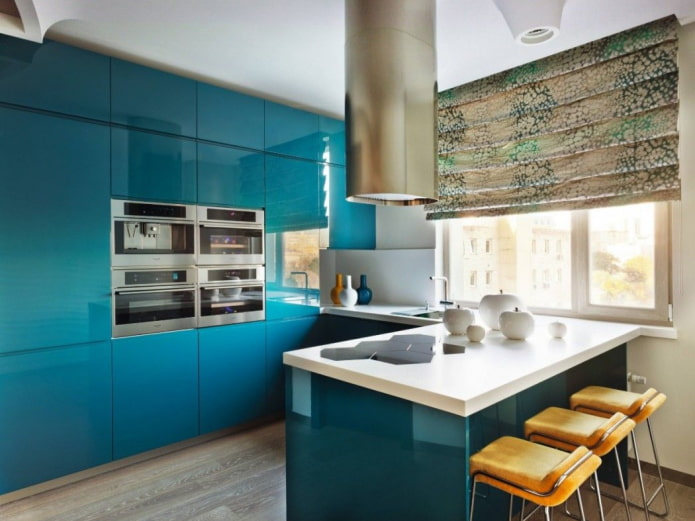 curtains in the interior of the kitchen turquoise