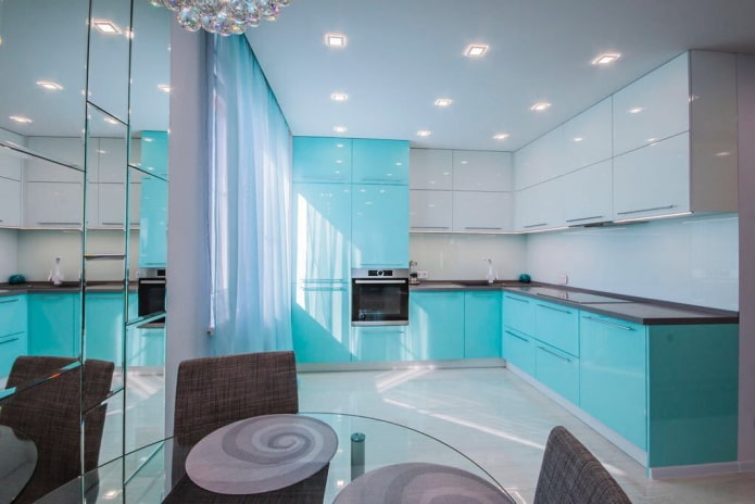 kitchen interior in white and turquoise tones