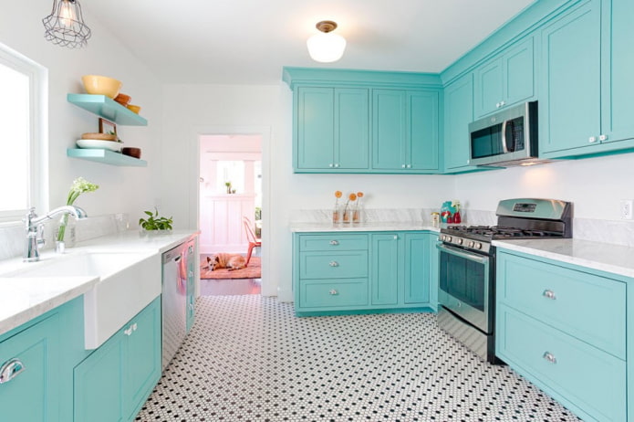 kitchen interior in white and turquoise tones