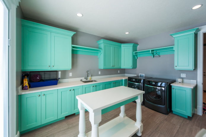 kitchen design in gray-turquoise tones