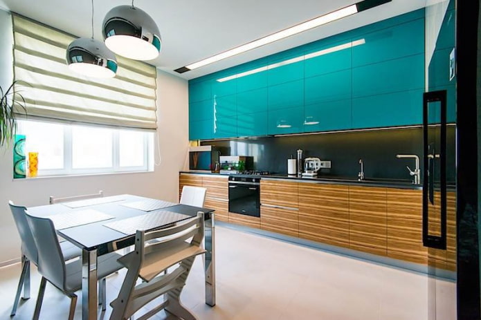 kitchen interior in turquoise and brown tones