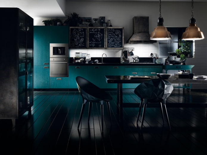 kitchen interior in black and turquoise tones