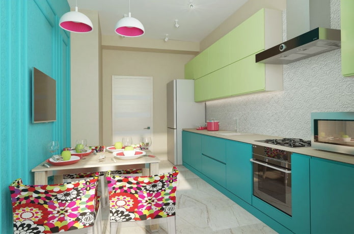 kitchen in turquoise tones with bright accents