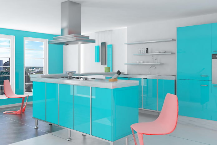kitchen in turquoise tones with bright accents