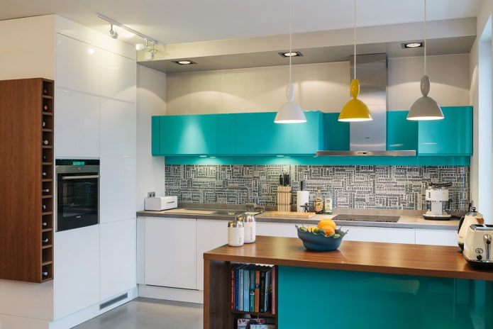 apron in the kitchen interior in turquoise color