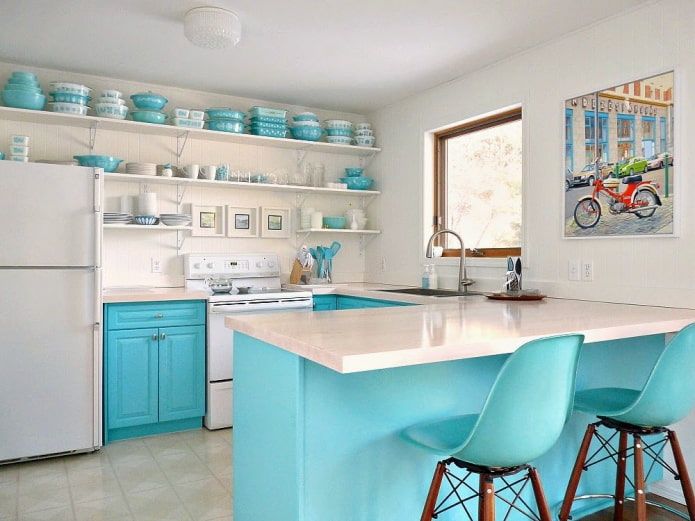 decor and textiles in the interior of a turquoise kitchen