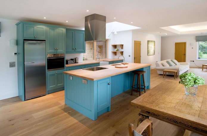 countertop in the kitchen interior in turquoise color