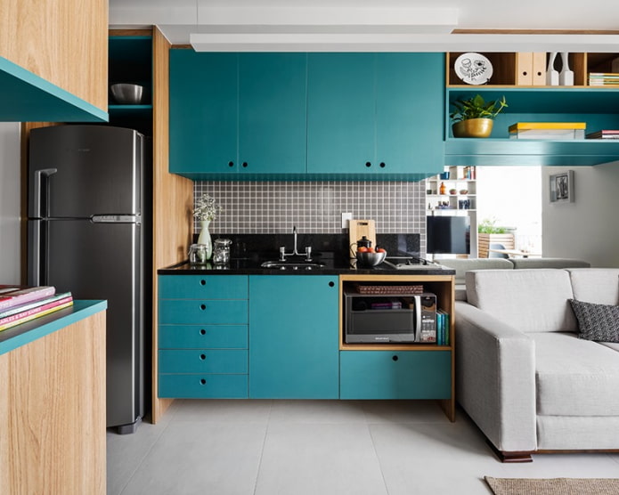 countertop in the kitchen interior in turquoise color