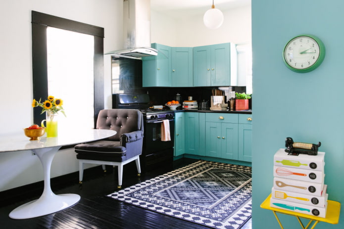 decor and textiles in the interior of a turquoise kitchen