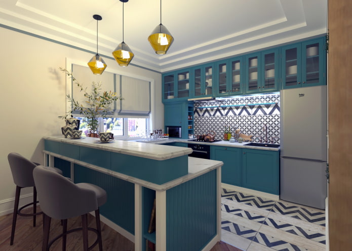 decor and textiles in the interior of a turquoise kitchen