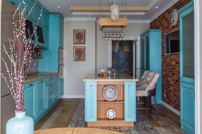 decor and textiles in the interior of a kitchen turquoise