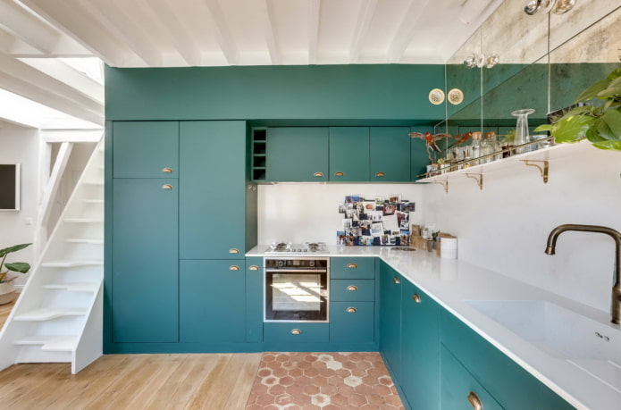 apron in the kitchen interior in turquoise color
