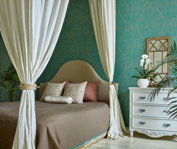bedroom with a canopy in turquoise tones