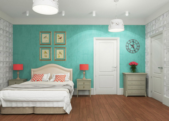 bedroom with light turquoise wallpaper