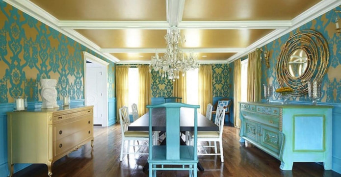 a combination of turquoise and gold shades in the bedroom interior