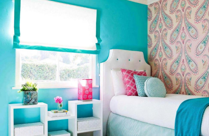 The photo shows a girl's bedroom in delicate turquoise and pink tones