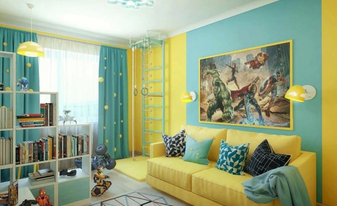 children's room in a turquoise-yellow palette
