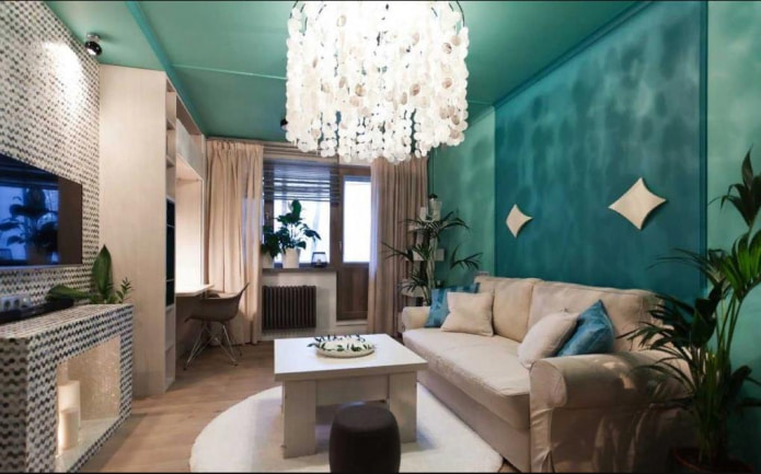 harmony of light turquoise shade with an accent on the panel in the center of the wall