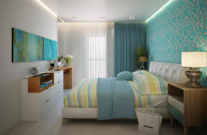 light flooring that favorably emphasizes the turquoise pattern on the wall
