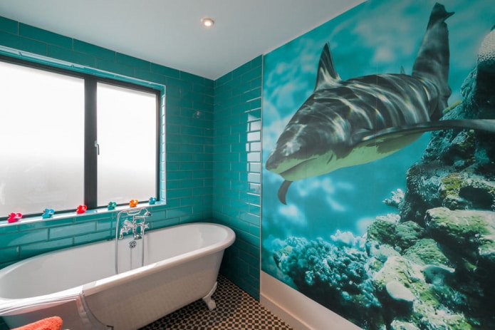 photo wallpaper in the bathroom with a shark print